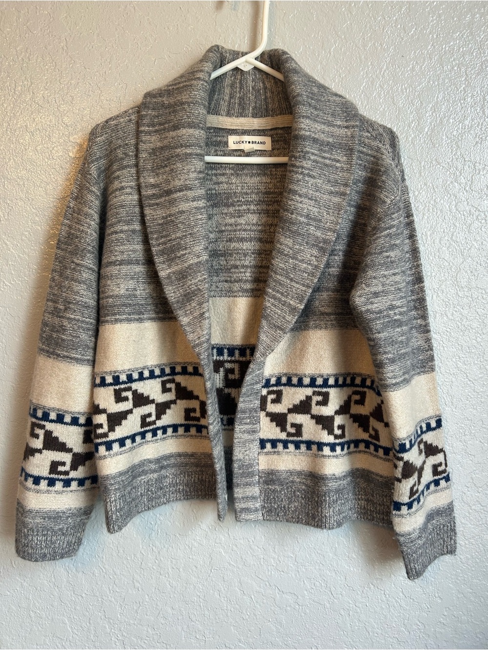 Lucky Brand Gray Shawl Collar Aztec patterned Cardigan with Cream and Navy